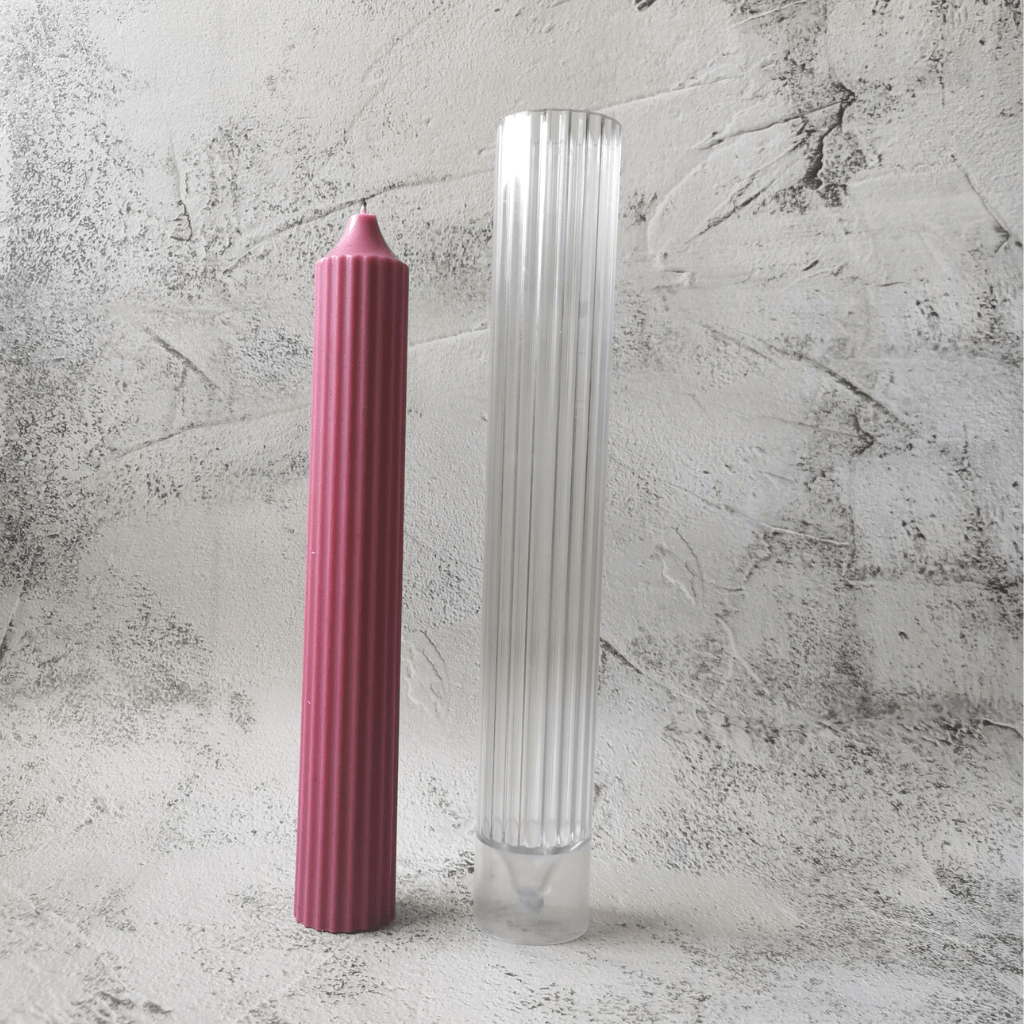 Pointed Ribbed Pillar PVC Candle Mould B and candle